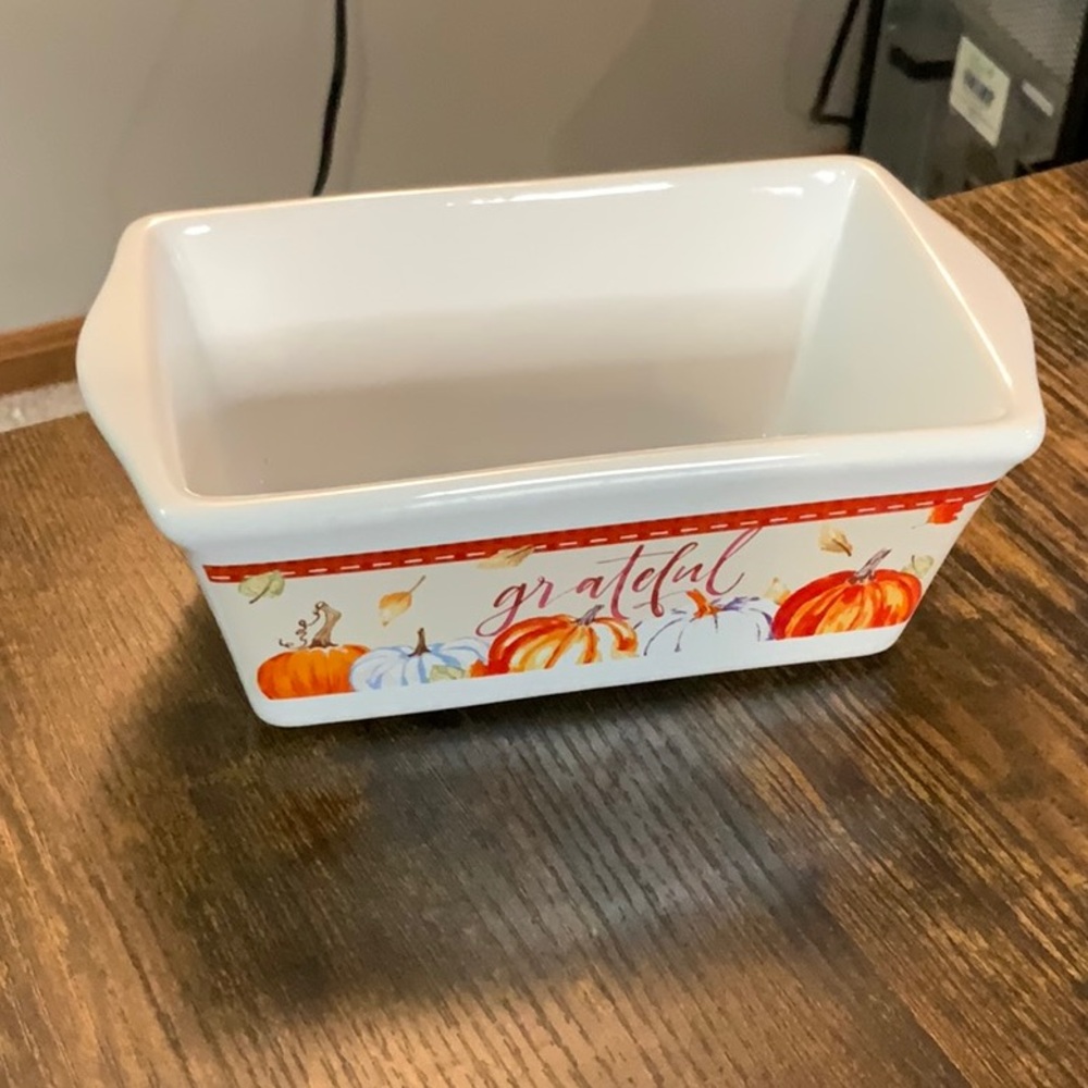 Grateful Ceramic Mini Loaf Pan - White with Pumpkin Design